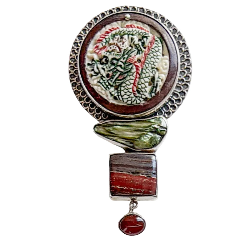 32950 Hand-Carved Bone, Freshwater Pearl, Tiger Iron, Carnelian Sterling Silver Pin / Pendant