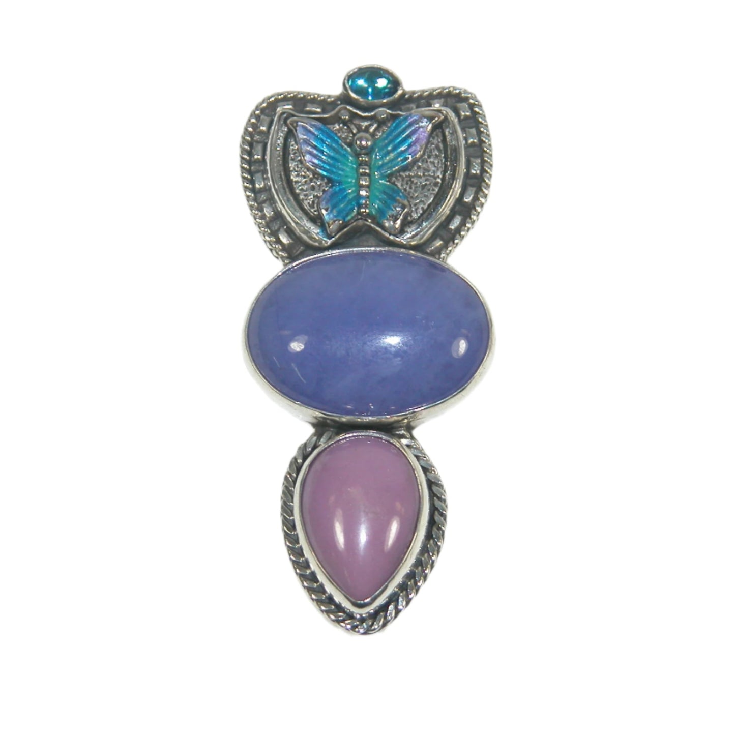 32954 Hand Enameled Butterfly and Topaz Sterling Silver Pin and Pendant