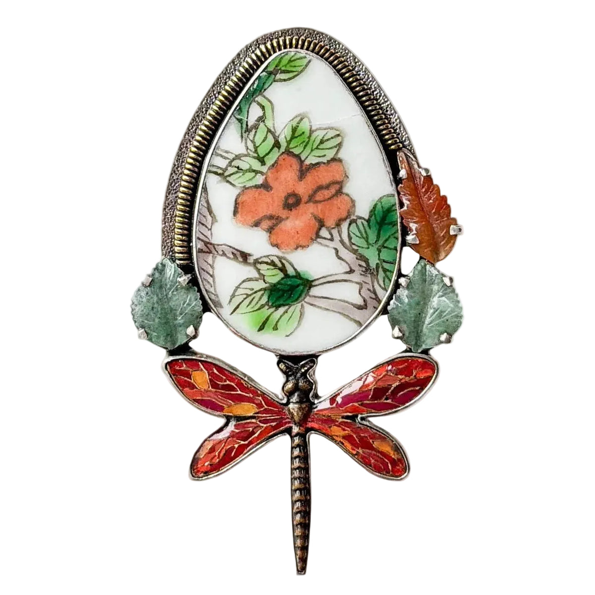 32959 Antique Porcelain, Aventurine Sterling Silver Pin / Pendant