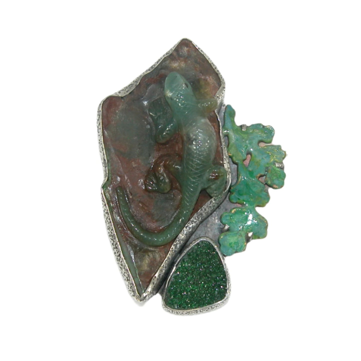 32963 Hand Carved Chrysoprase Lizard Sterling Silver Pin and Pendant