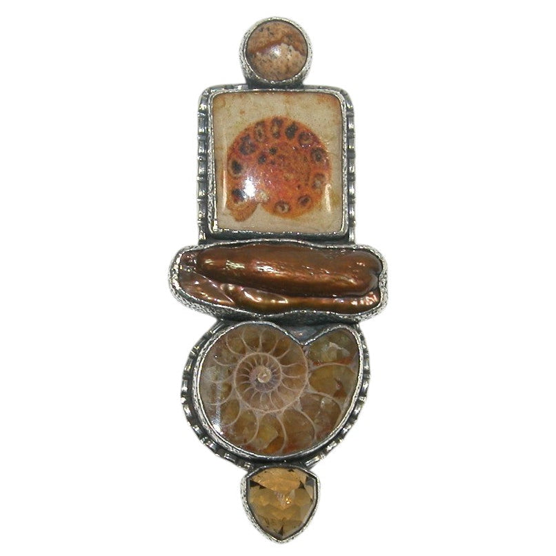 32967 Freshwater Pearl, Picture Jasper, Ammonite Fossil, Whiskey Topaz, Handmade Tile Pin / Pendant