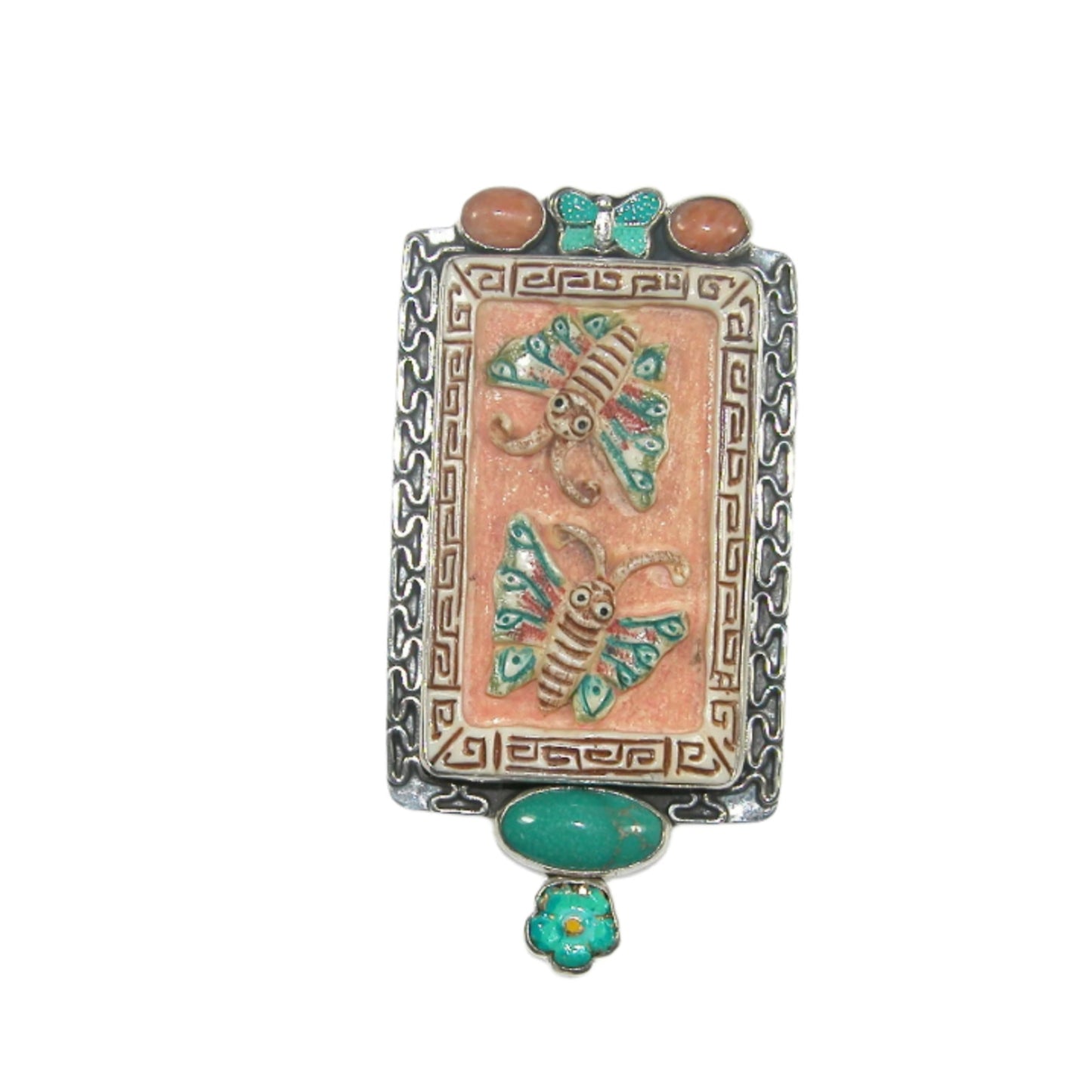 32970 Hand Carved Bone Orange Aventurine, Turquoise Sterling Silver Pin and Pendant