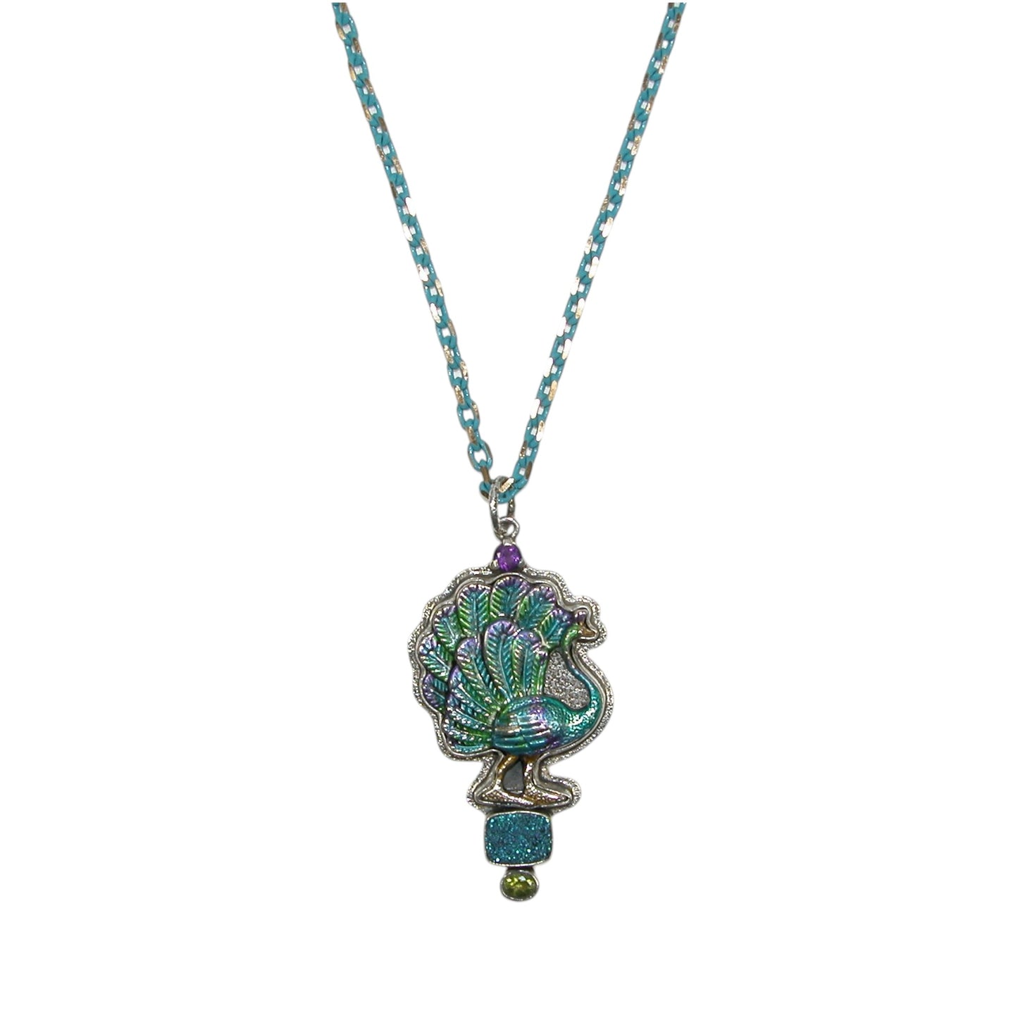32980 Hand Enamel Peacock, Drusy, Peridot, Amethyst Sterling Silver Necklace