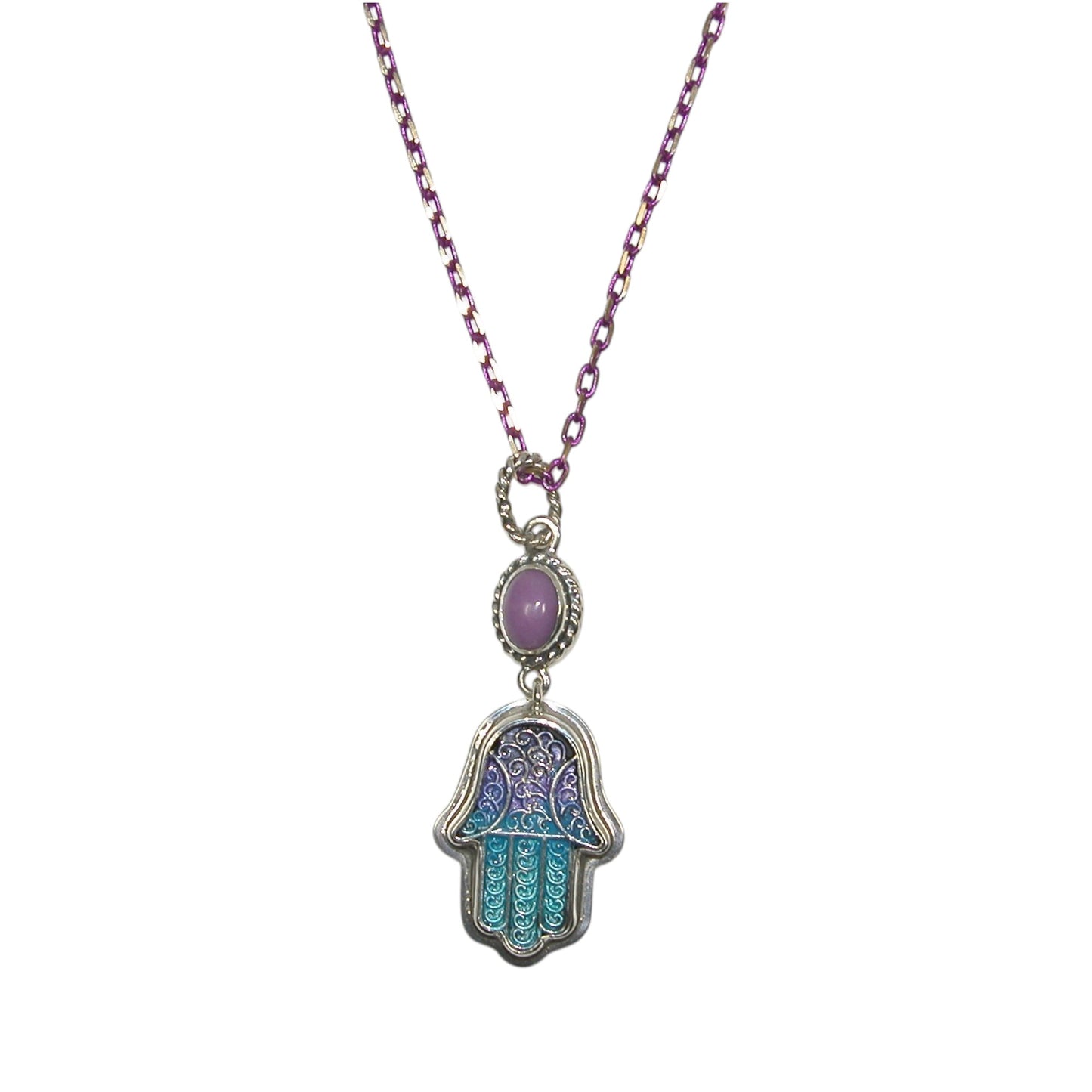 32982 Hand Enameling Hamsa, Phosphosiderite Sterling Silver Necklace