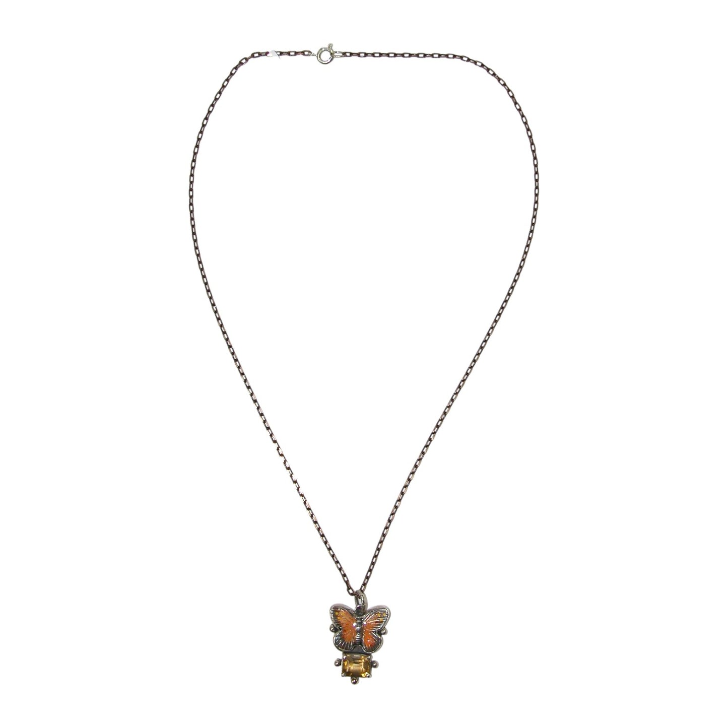 32987 Hand Enamel Butterfly Citrine Sterling Silver Necklace