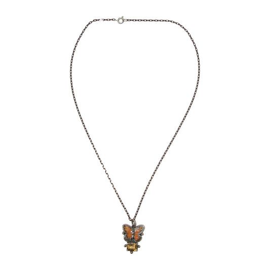 32987 Hand Enamel Butterfly Citrine Sterling Silver Necklace