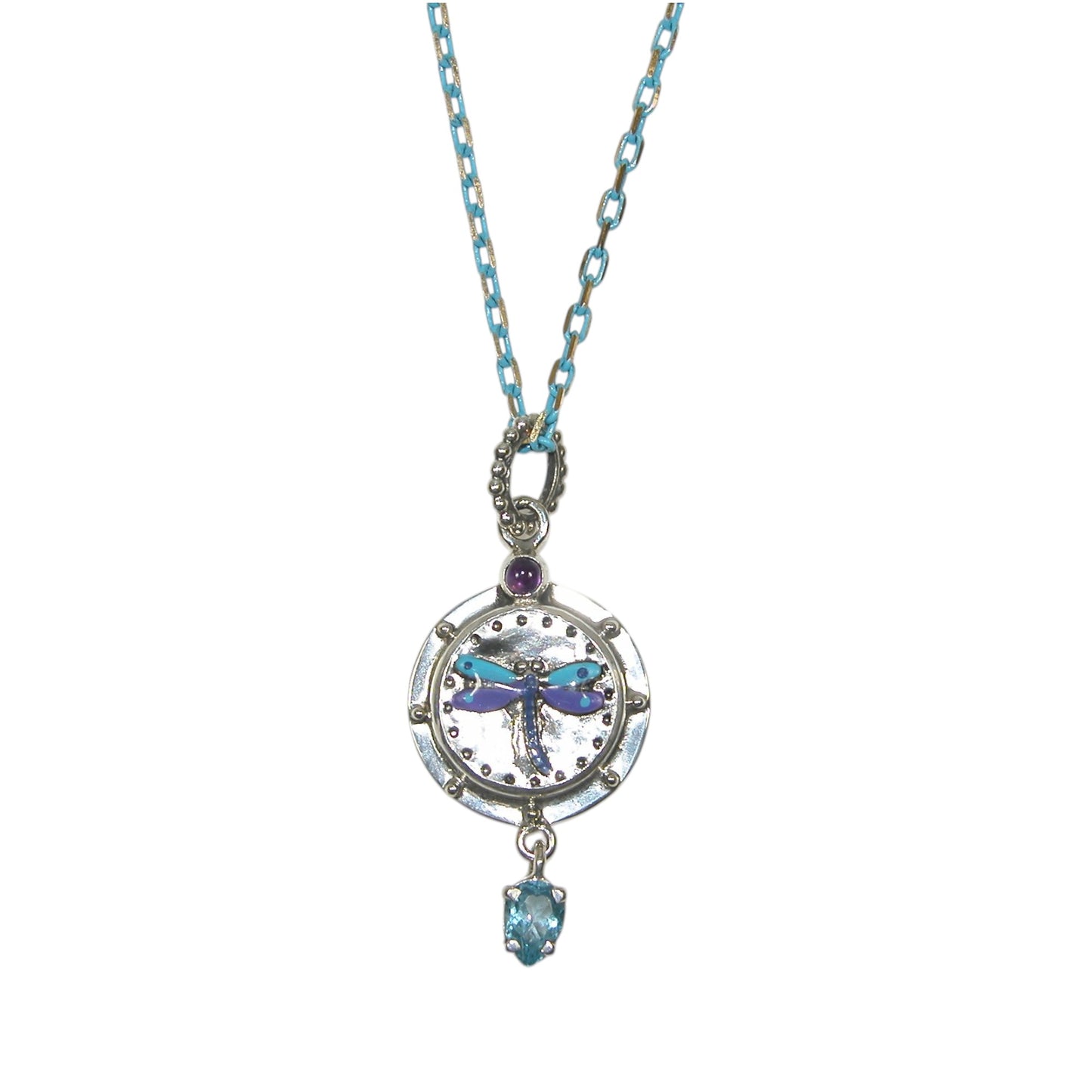32988 Hand Enamel Dragonfly, Blue Topaz Sterling Silver Necklace