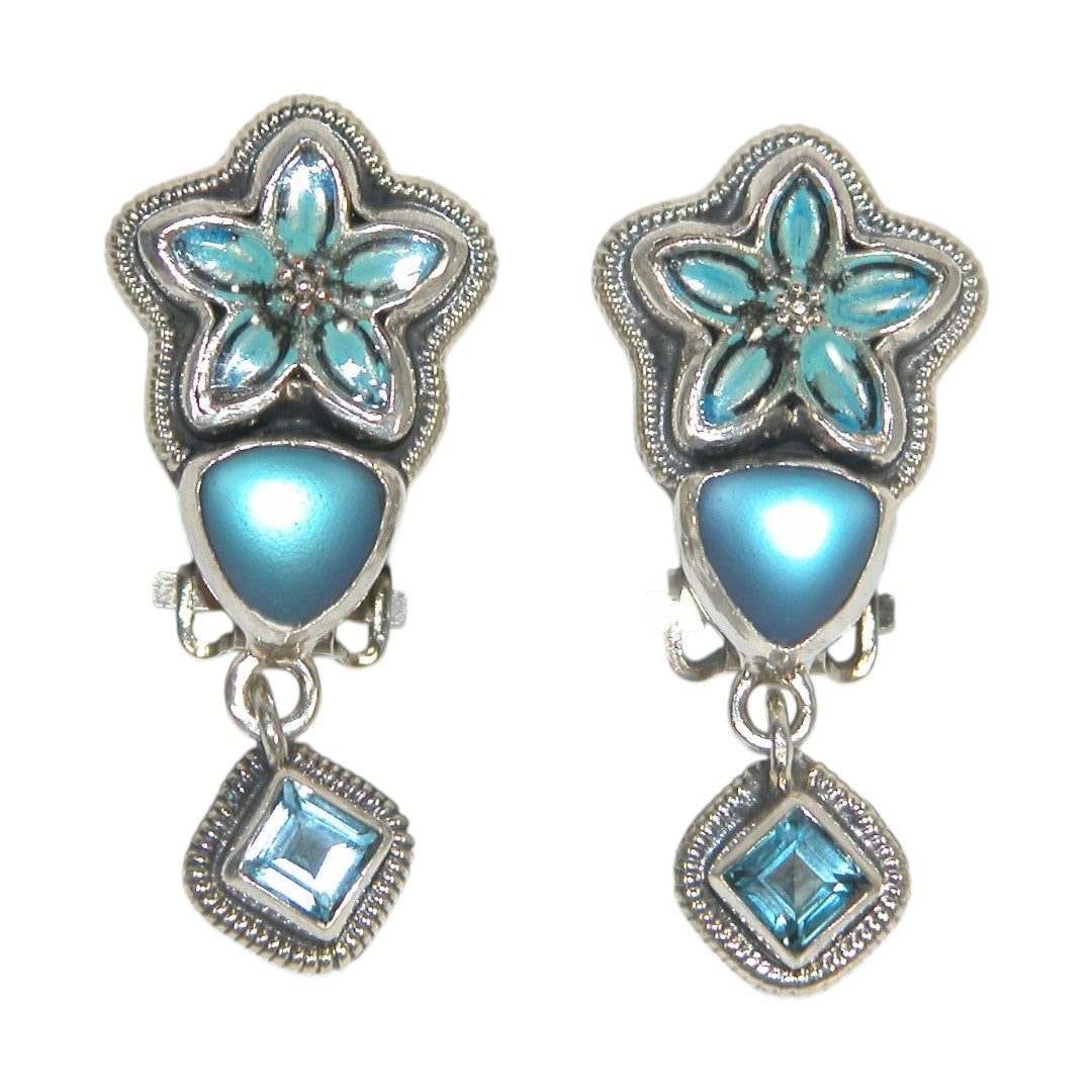 32998 Hand Enameling Flower, Celestial Quartz Sterling Silver Earrings