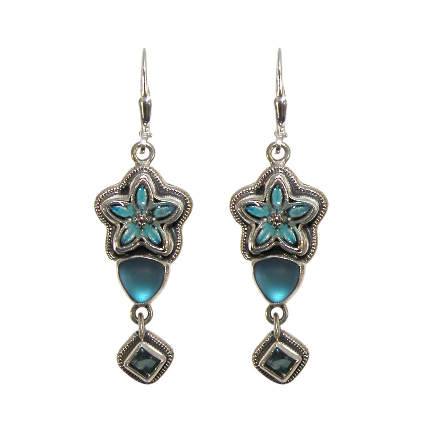 32998L Hand Enameling Flower, Celestial Quartz Sterling Silver Dangle Earrings