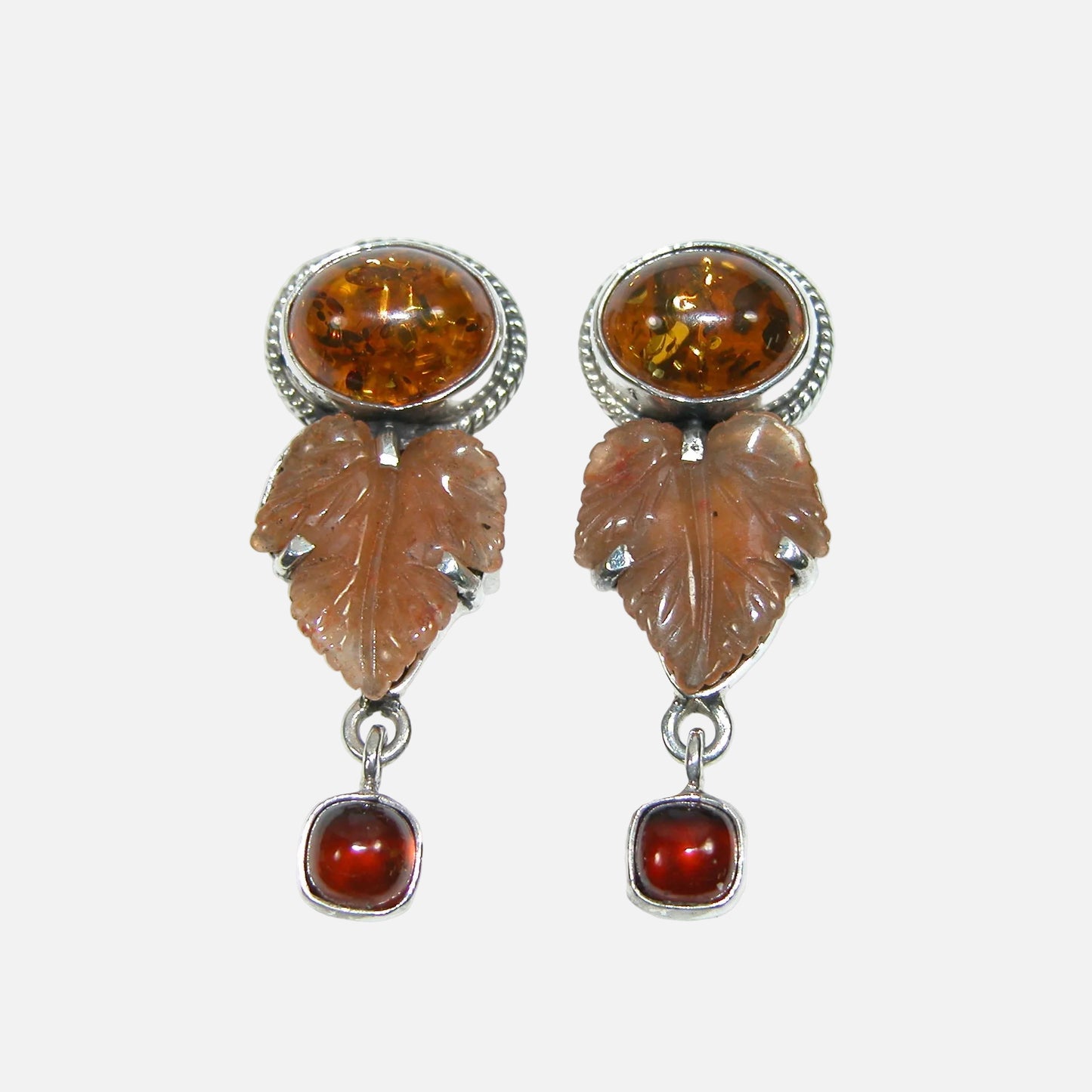 32999 Hand Carved Aventurine Leaf, Baltic Amber, Hessonite, Sterling Silver Earrings