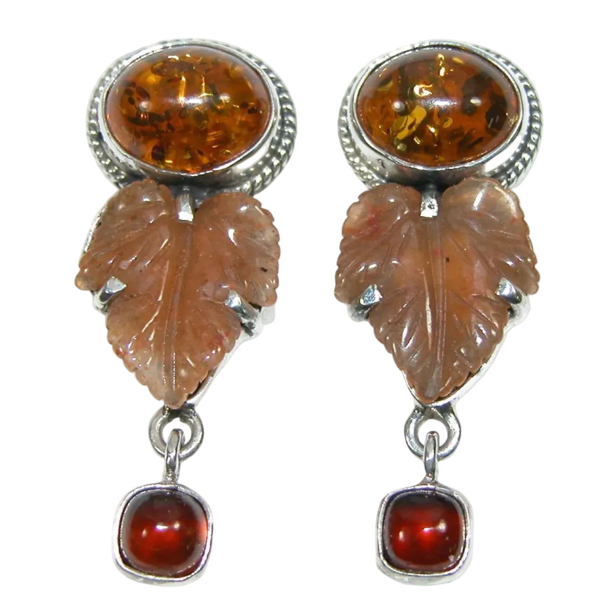 32999 Hand Carved Aventurine Leaf, Baltic Amber, Hessonite, Sterling Silver Earrings