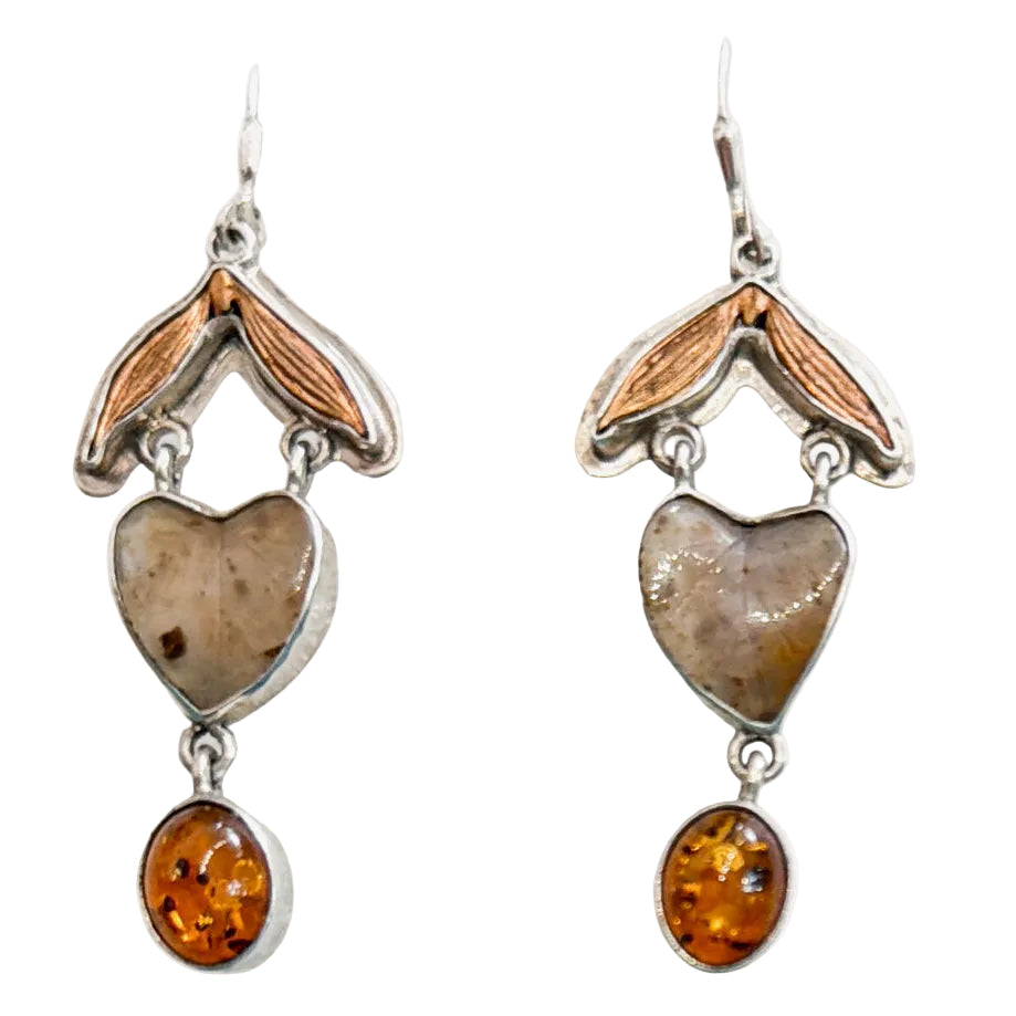 33005 Carved Leaf, Agate, Amber Sterling Silver Earrings