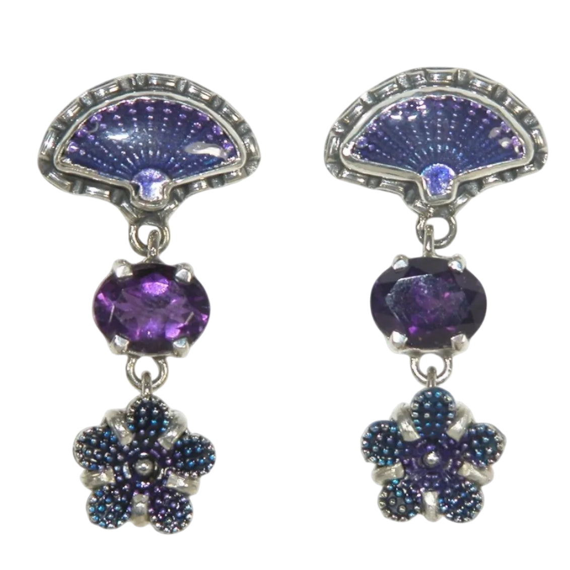 33006 Amethyst, Hand Enameled Fan and Flower Sterling Silver Dangle Earrings