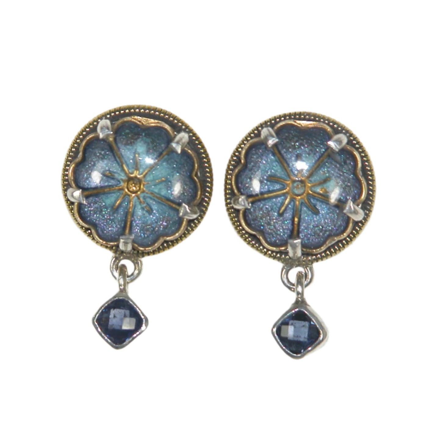 33015 Blue Enameled Floral Sterling Silver Dangle Earrings