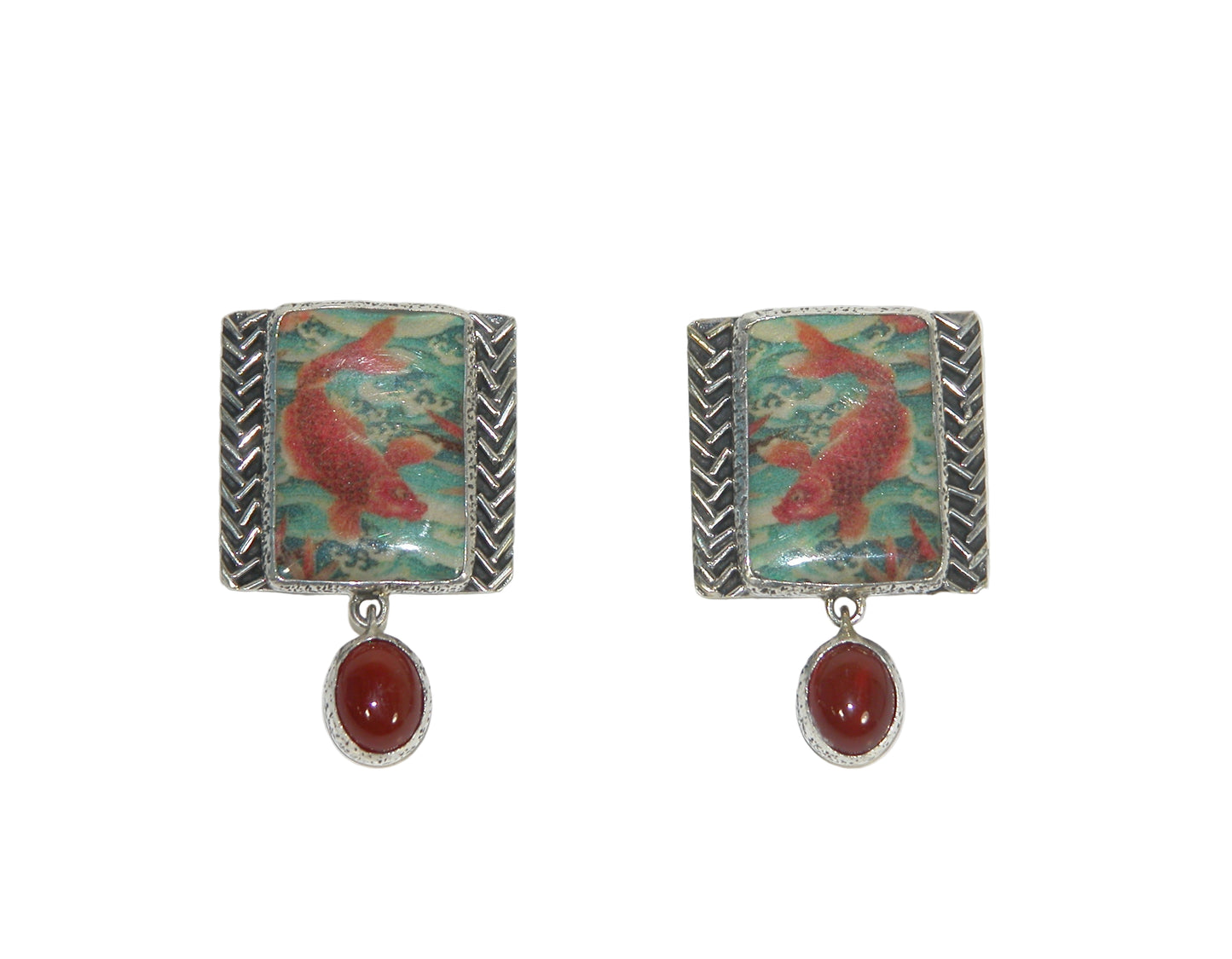 33017 Koi Fish Handmade Tile, Carnelian, Sterling Silver Earrings