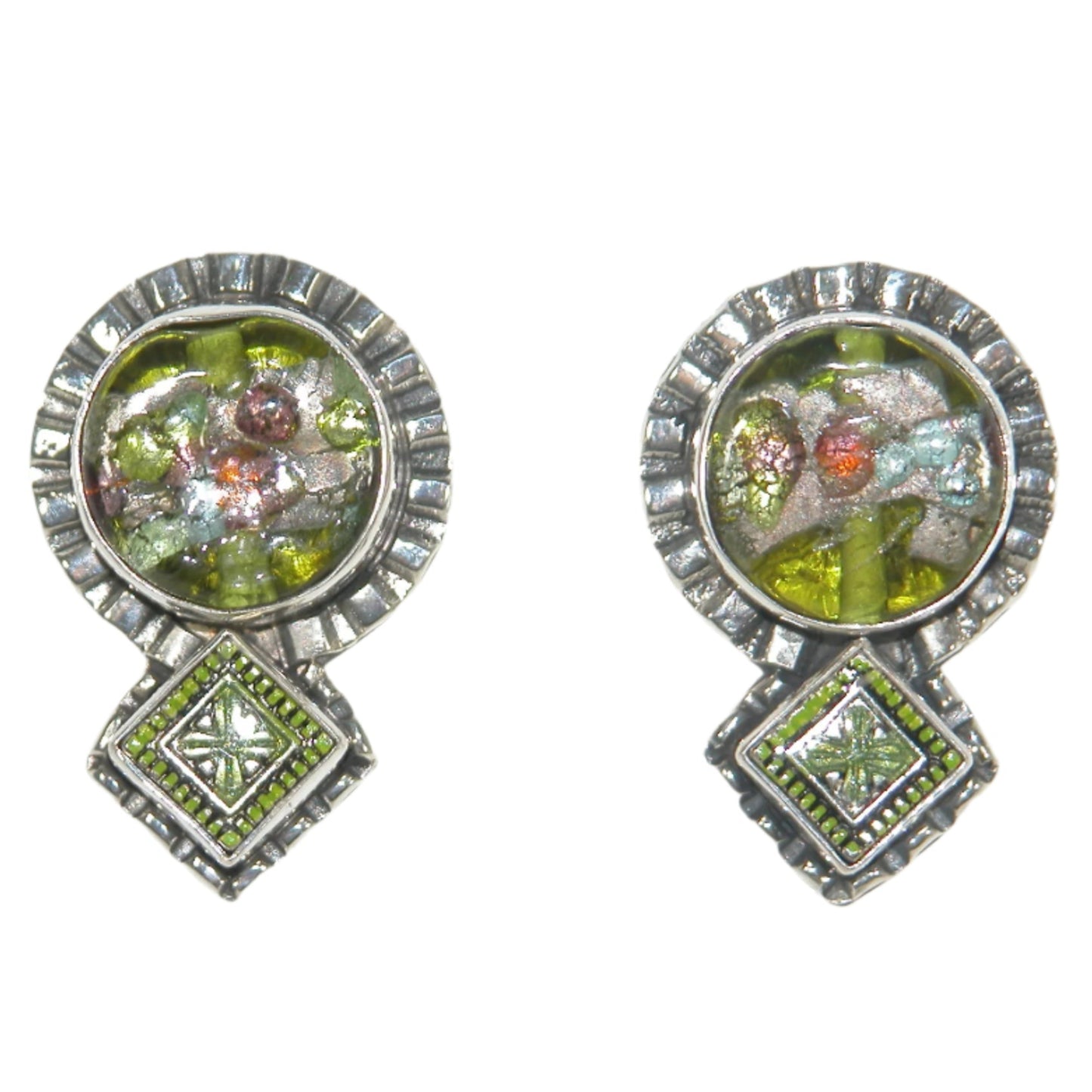 33021 Green Glass Enamel Sterling Silver Earrings