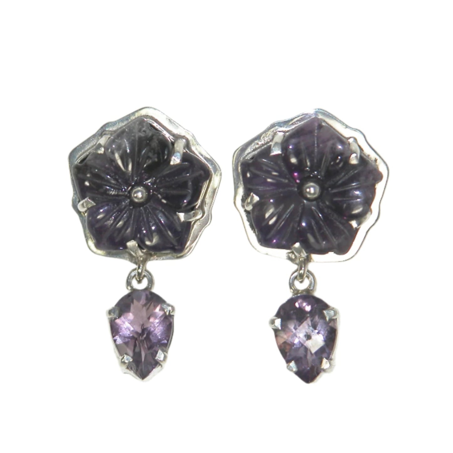 33026 Purple Amethyst Flower Sterling Silver Dangle Earrings