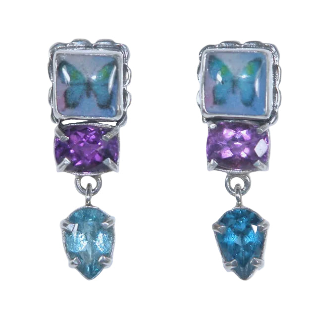 33037 Amethyst, Blue Topaz, Butterfly Sterling Silver Earrings