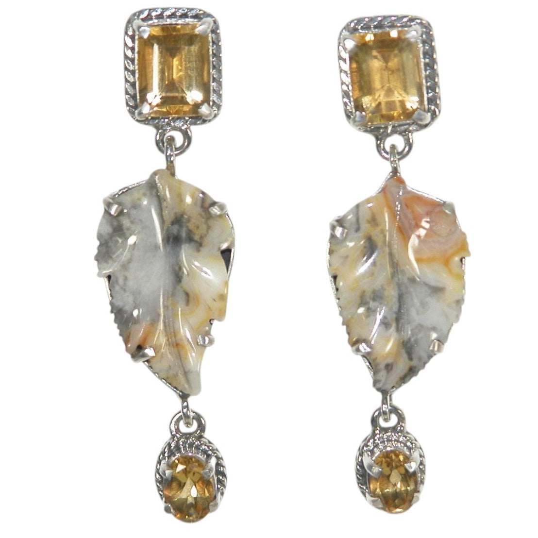 33039 Hand-Carved Agate, Citrine Sterling Silver Earrings
