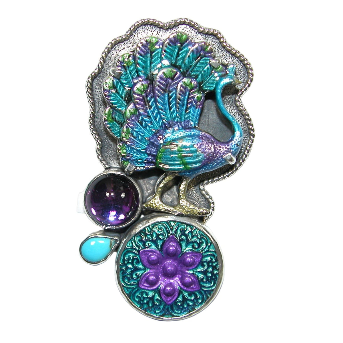 33043 Peacock, Czech Button, Amethyst and Turquoise Sterling Silver Pin and Pendant