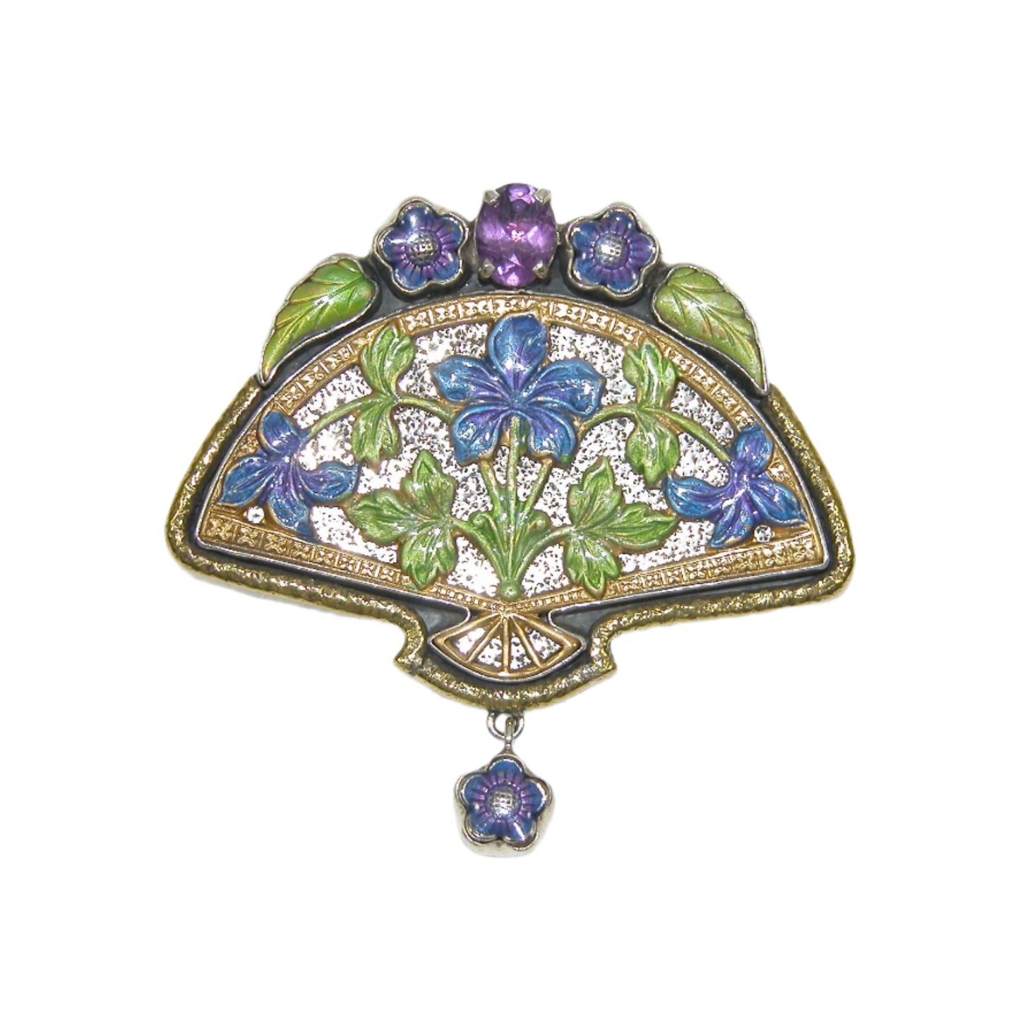 33064 Amethyst and Hand Enameled Fan Sterling Silver Pin Pendant