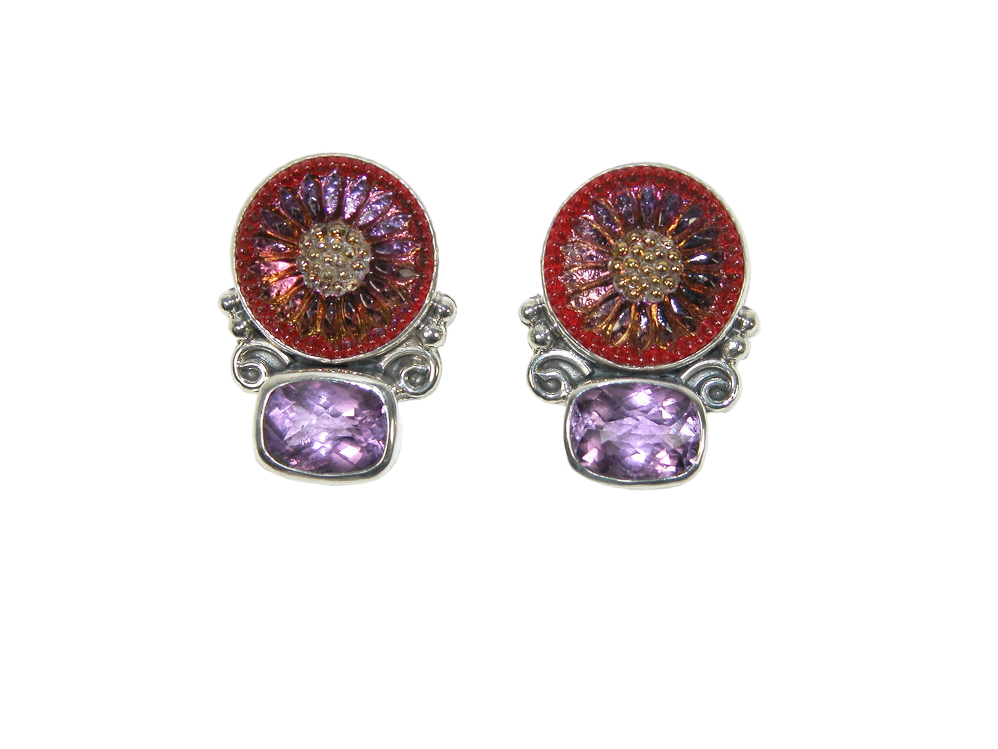 33097 Amethyst, Czech Glass Button Sterling Silver Earrings