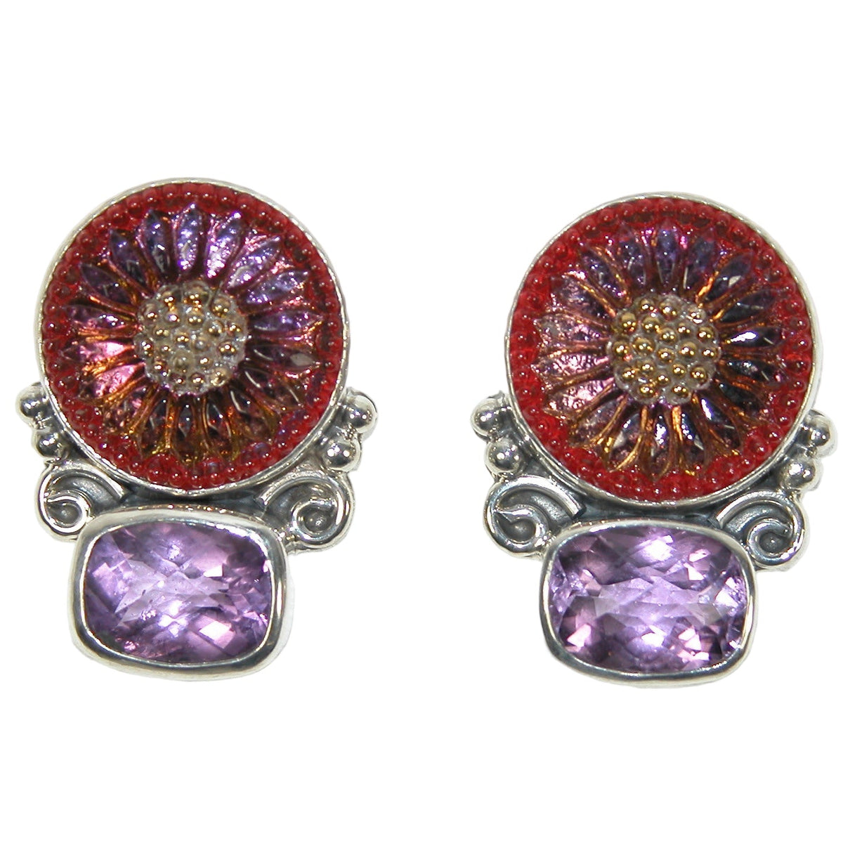 33097 Amethyst, Czech Glass Button Sterling Silver Earrings