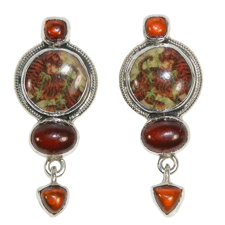33100 Carnelian, Hessonite, Hand-Enameled Tiger Sterling Silver Earrings