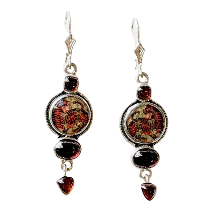33100L Carnelian, Hessonite, Hand-Enameled Tiger Sterling Silver Earrings