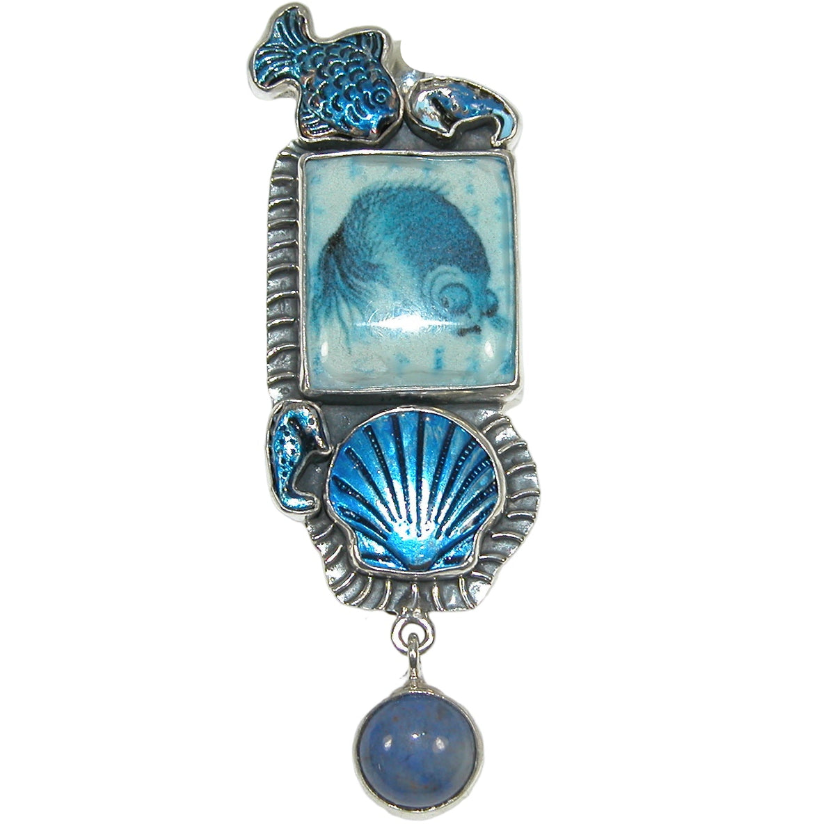 33112 Sea life Enamel Tile, Sodalite, Sterling Silver Pin and Pendant