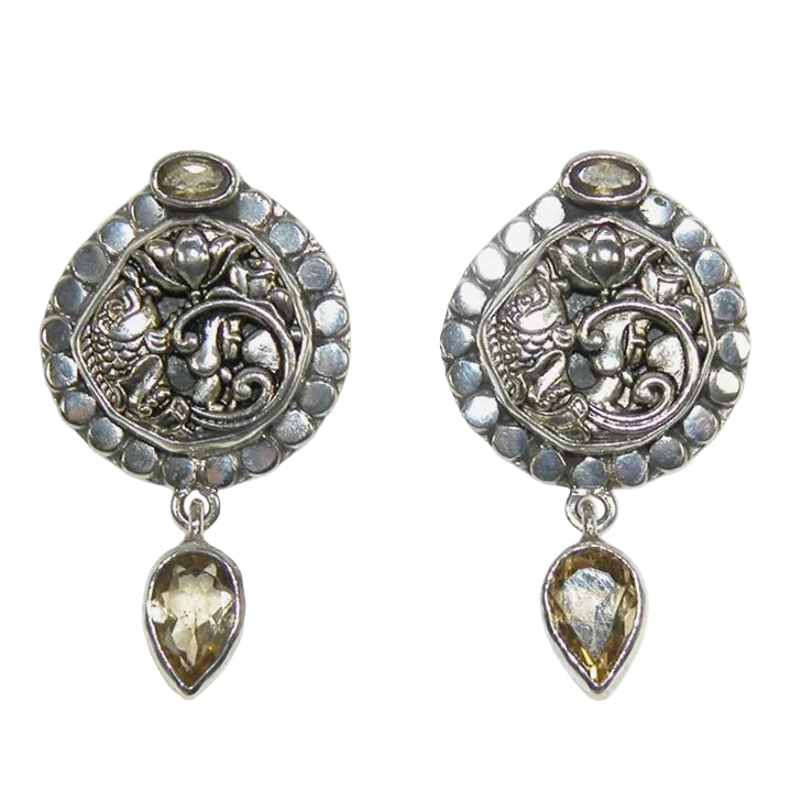 33117 Fish, Lotus, Citrine Sterling Silver Earrings