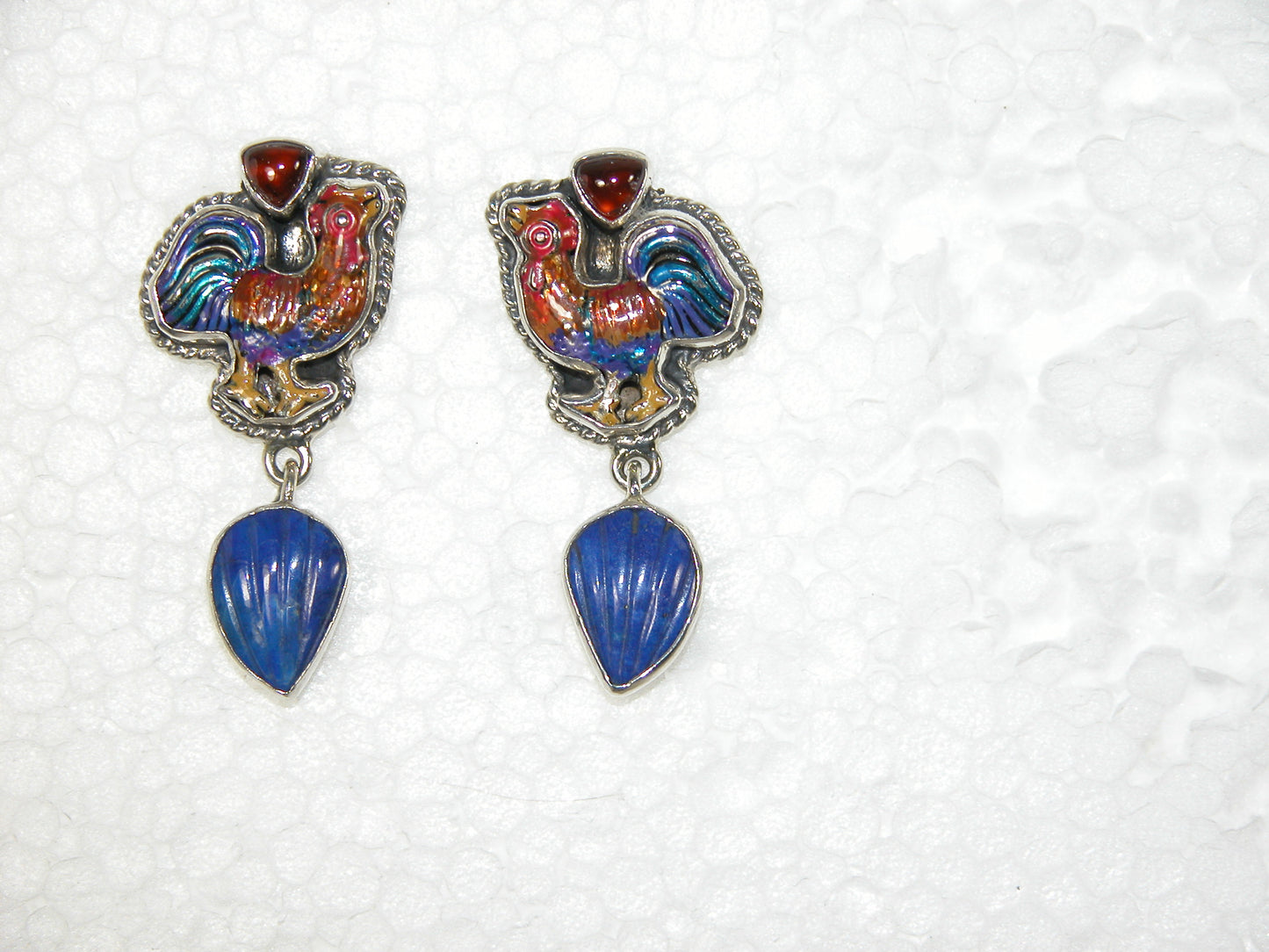 33120 Hand Enameled Rooster, Garnet, Lapis Sterling Silver Earrings