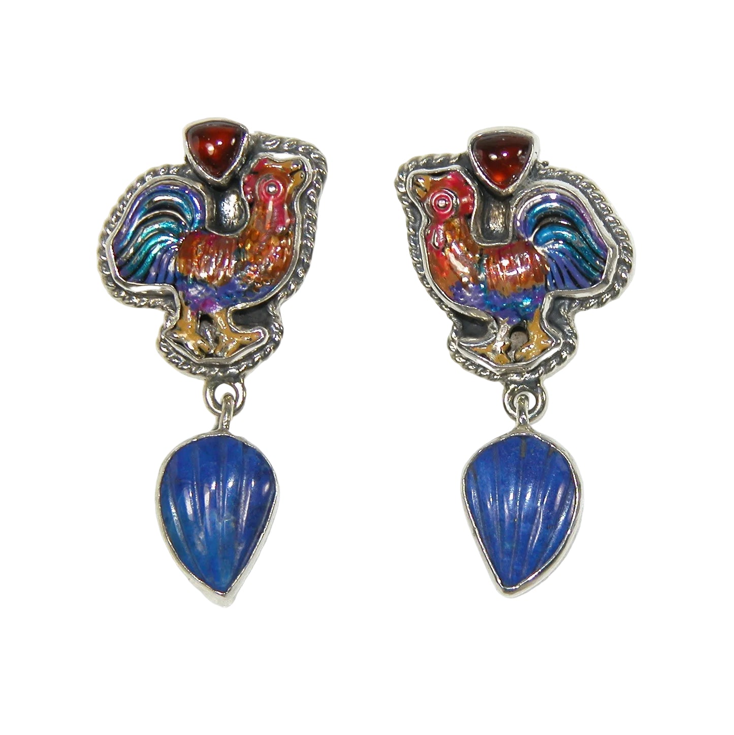 33120 Hand Enameled Rooster, Garnet, Lapis Sterling Silver Earrings