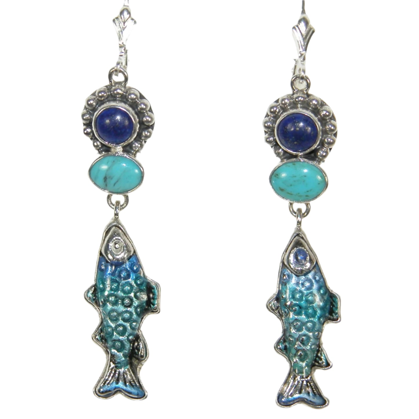 33121 Lapis Lazuli and Turquoise Fish Sterling Silver Dangle Earrings