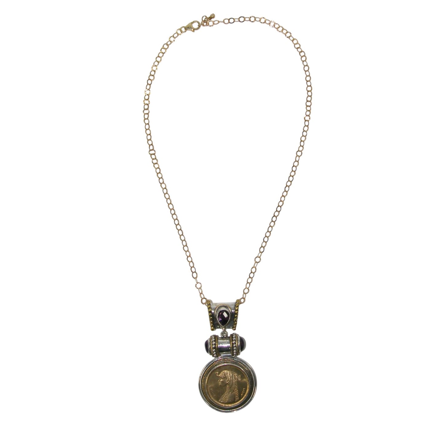 33131 Antique Egyptian Coin Sterling Silver Beaded Necklace