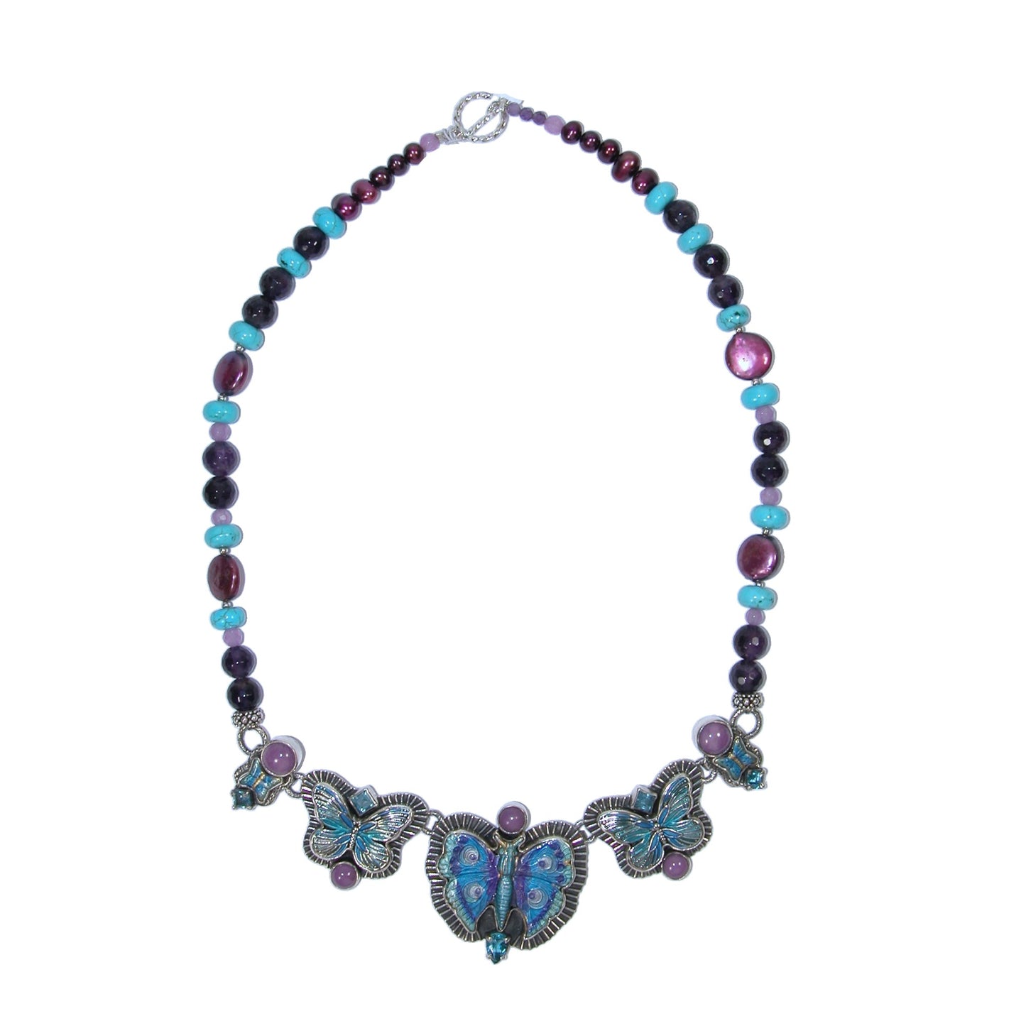 33145 Hand Enamel Butterfly, Freshwater Pearl, Amethyst, Turquoise Sterling Silver Necklace
