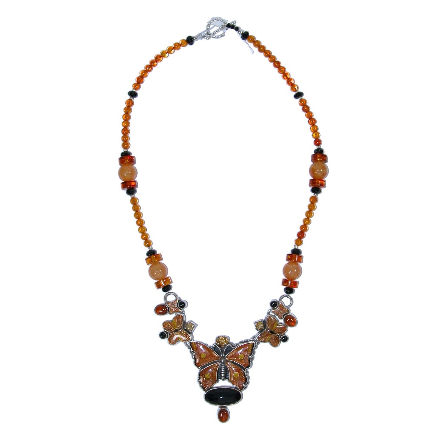 33148 Hand Enamel Butterfly, Citrine, Black Onyx, Hessonite, Baltic Amber Sterling Silver Necklace