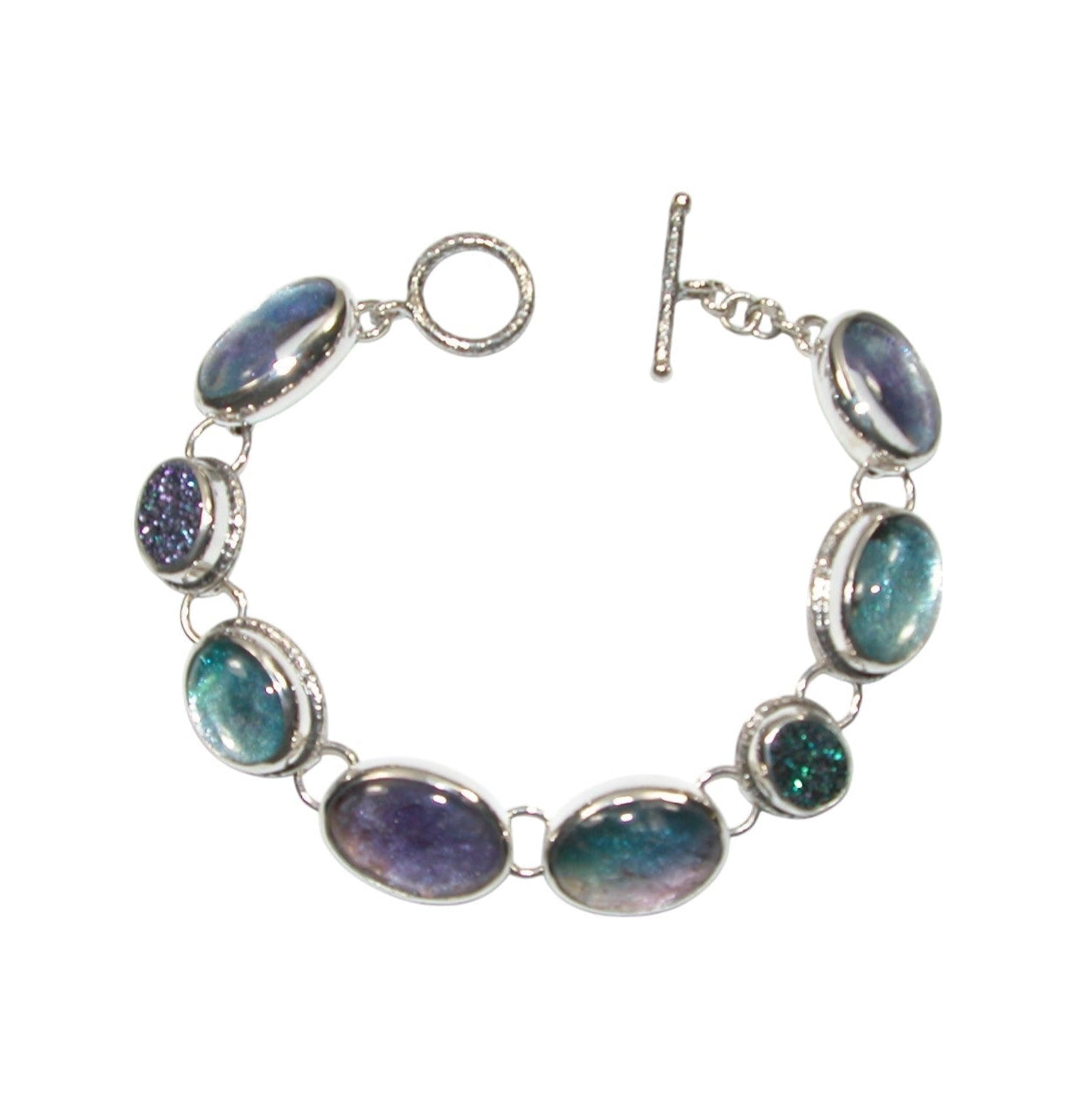 Quartz, Agate, Titanium Clad Drusy, Phosphosphiderite Sterling Silver Bracelet
