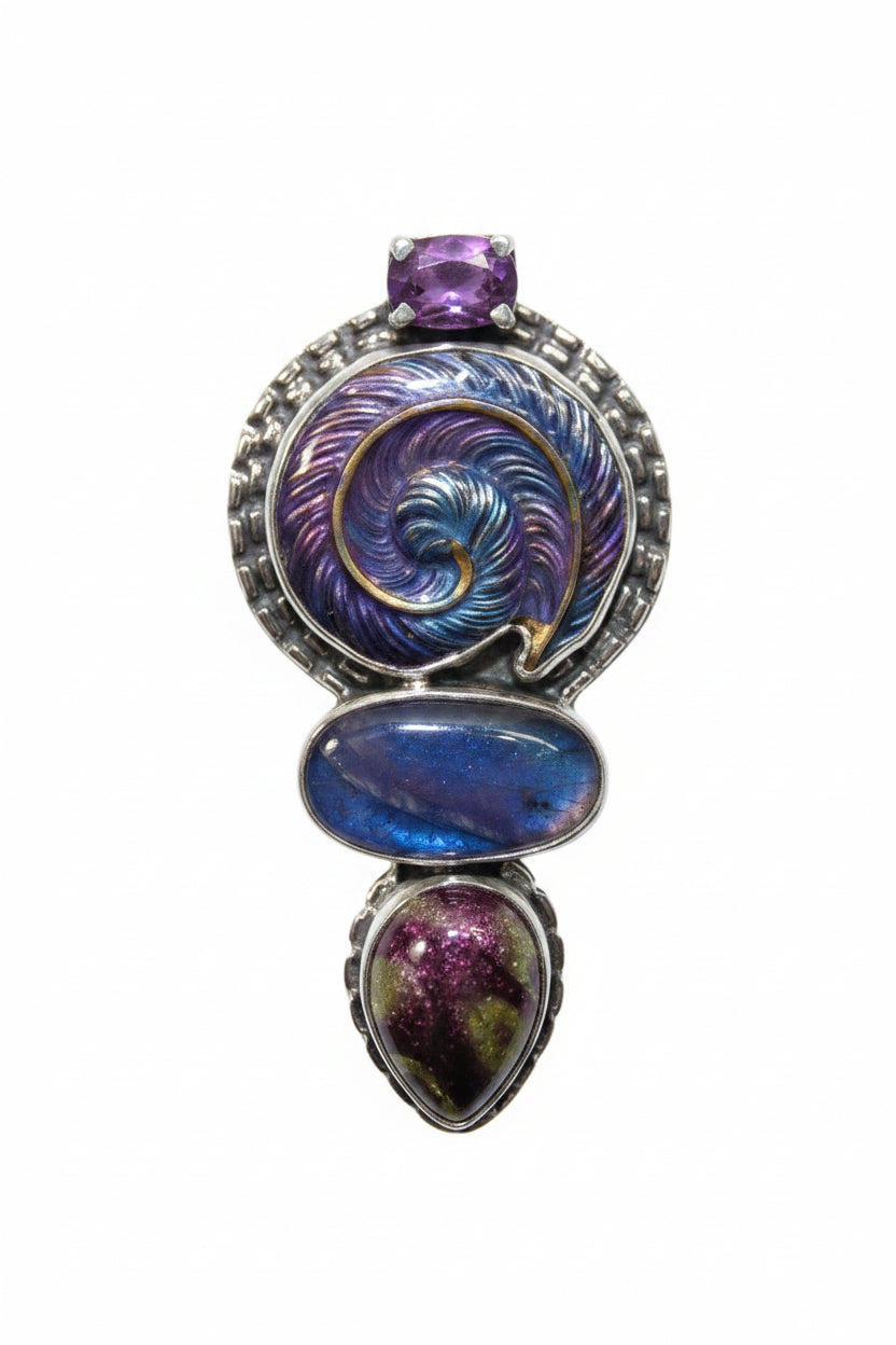 33165 Amethyst, Hand Enameling Sterling Silver Pin Pendant