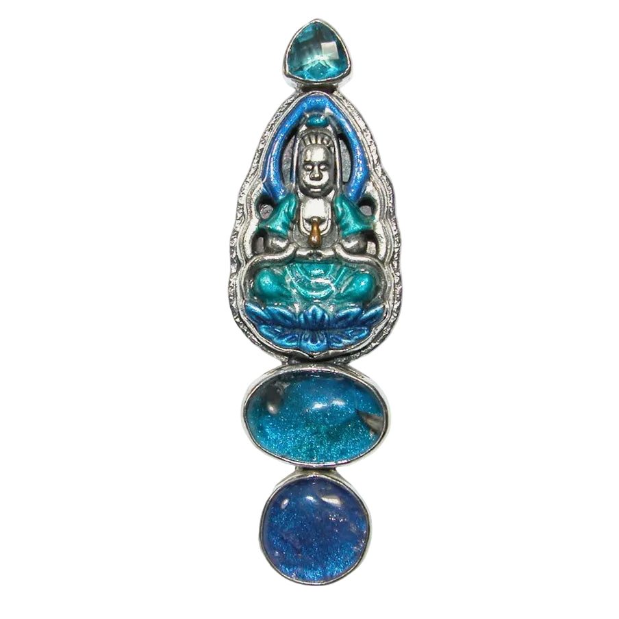 33176 Blue Topaz Sterling Silver Buddha Pin / Pendant