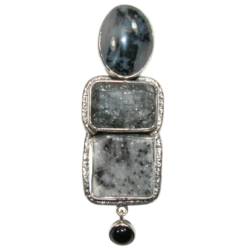 33185 Dendritic Agate, Rutilated Quartz, Drusy, Onyx Sterling Silver Pin and Pendant