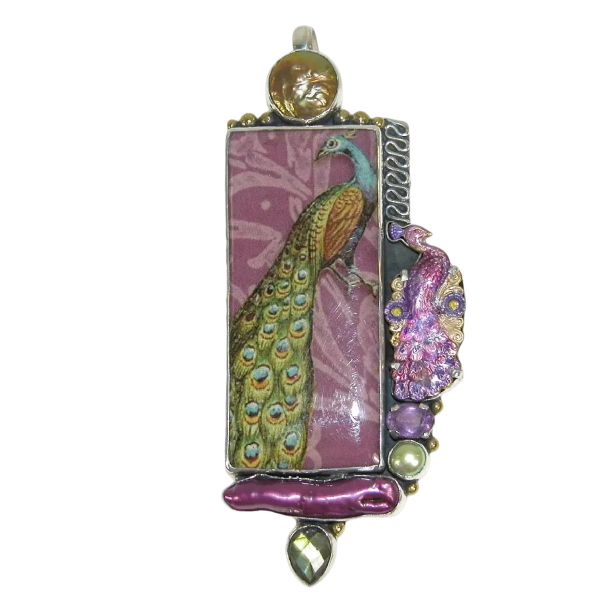 33193 Hand Enameled Peacock Tile, Freshwater Pearl, Labradorite Sterling Silver Pin and Pendant