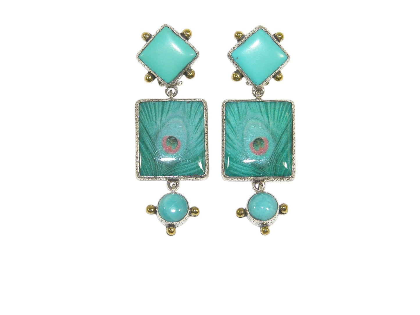 Peacock Feather Tiles with Amazonite Sterling Silver Earring