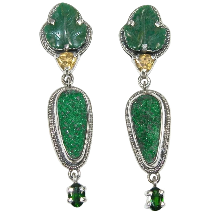33229 Uvarovite Druzy, Hand-Carved Aventurine, Chrome Diopside Earrings
