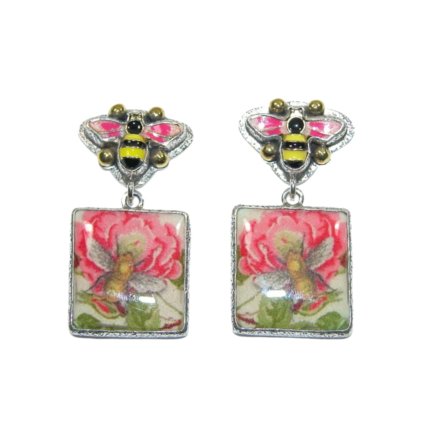 33235 Bee and Tile Flower Enameled Sterling Silver Earrings