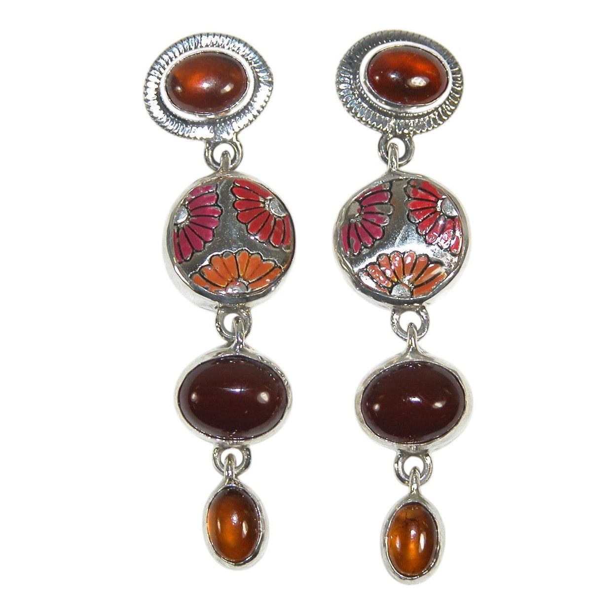 33250 Carnelian, Hessonite, Hand Enameling Sterling Silver Earrings