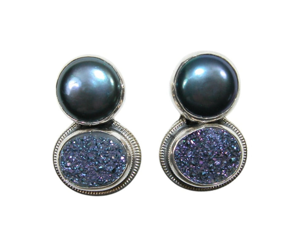 33251 2 Stone Freshwater Pearl and Druzy Sterling Silver Earrings