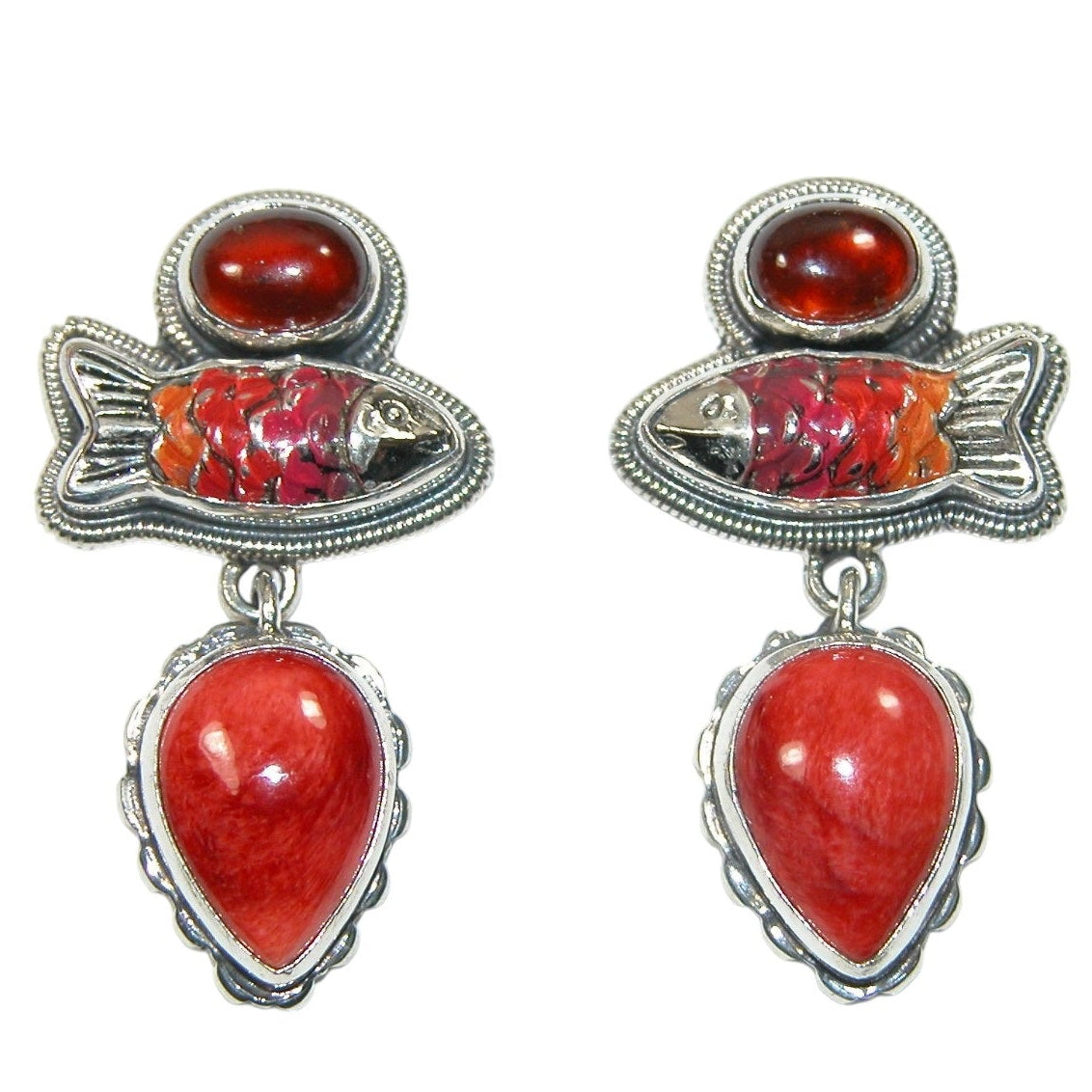 33253 Enameled Fish, Spiny Oyster, Hessonite Garnet Sterling Silver Earrings