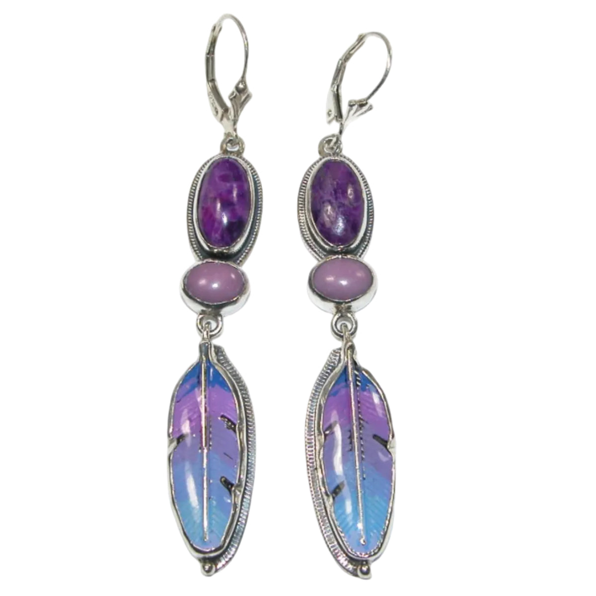 33273 Hand Enameled Feathers with Sugalite and Phosphosiderite Dangle Sterling Silver Earrings