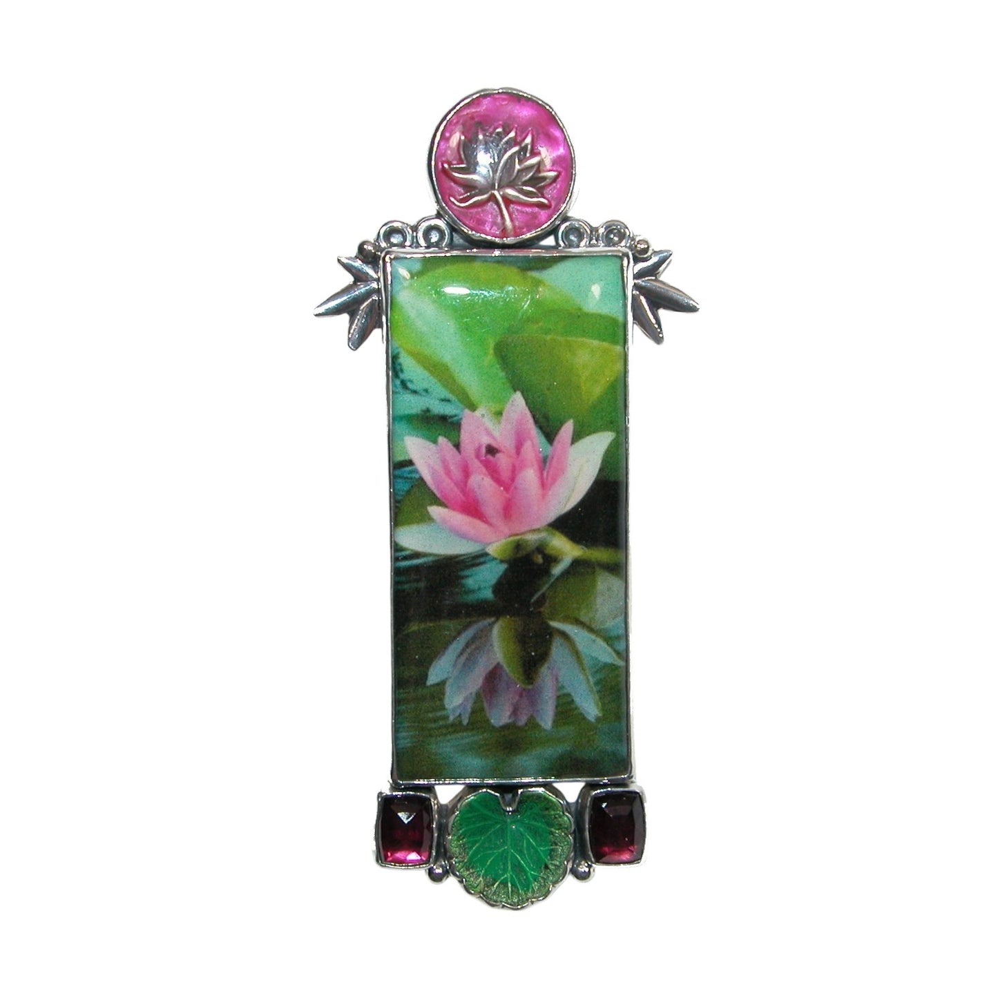 Lotus Tile Enamel Sterling Silver Pin and Pendant